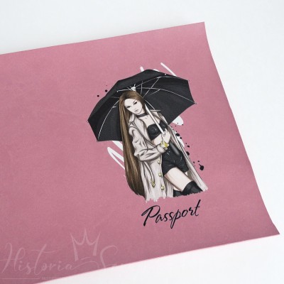 Переплетный кожзам "Вивелла" с принтом "Passport. Umbrella", пыльно-розовый, 17,5 х 25 см